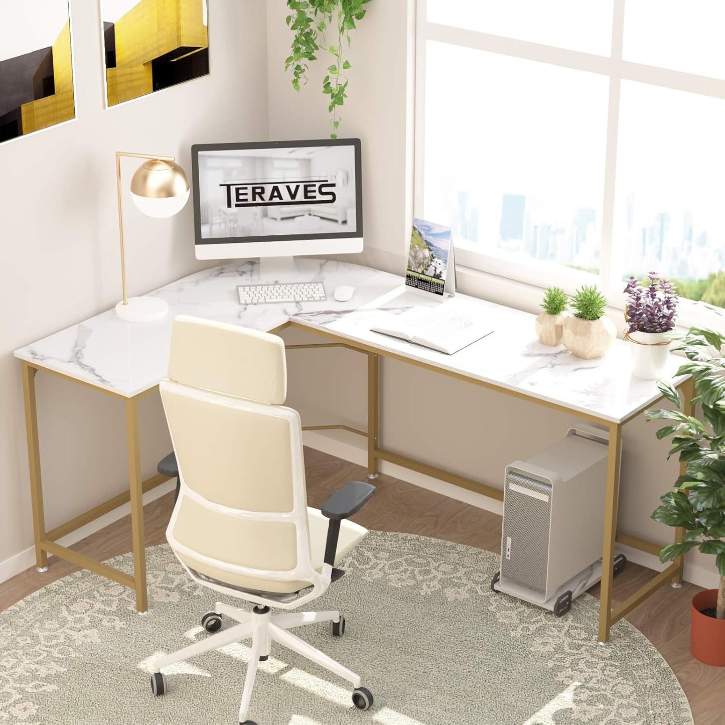 Teraves Reversible L Shaped Desk White - 66.1" Corner Gaming Computer Desk, Office Workstation Modern Home Study Writing Table, Marble Gold