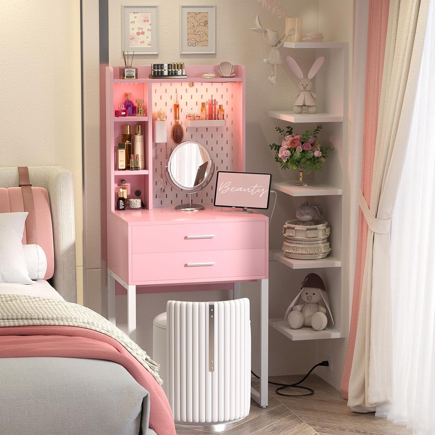 Small Vanity Desk with Hutch and Drawers, Pink Makeup Vanity Desk with Outlets, Vanity Table Dressing Table with LED Lights, Vanity Desks No Mirror with Pegboard for Girls Women, 24"