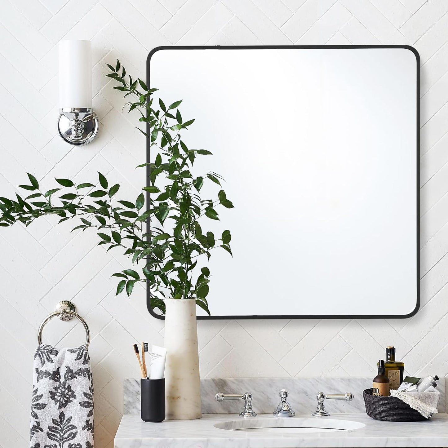 30x30 Inch Rectangle Bathroom Mirror with Black Metal Frame, Rounded Corner Rectangular Vanity Mirror for Wall, Modern Large for Bedroom, Living Room, Horizontal or Vertical