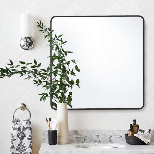 30x30 Inch Rectangle Bathroom Mirror with Black Metal Frame, Rounded Corner Rectangular Vanity Mirror for Wall, Modern Large for Bedroom, Living Room, Horizontal or Vertical