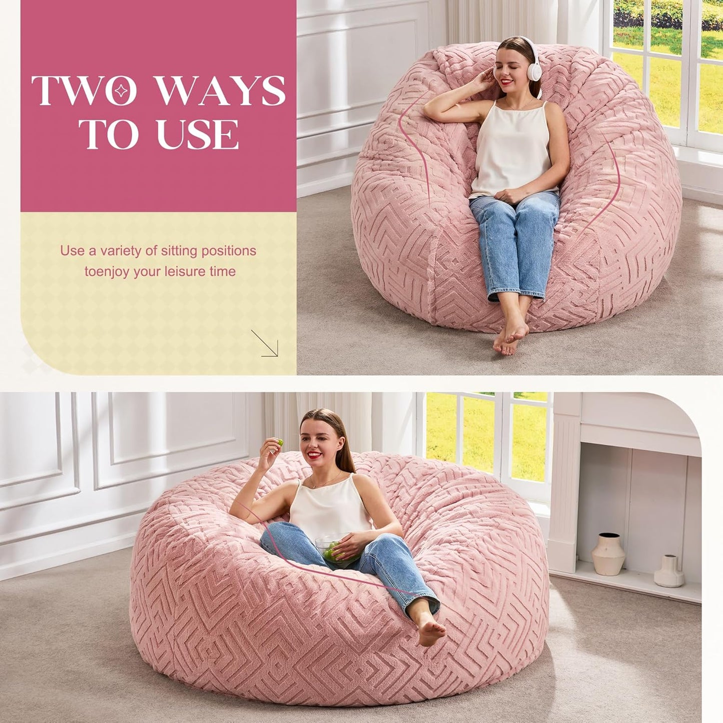 Hobestluk Bean Bag Chairs Adults Beanbag Chair with Filler Large Bean Bags with Fluffy Embossed Cover, Giant Bean Bag Chairs for Adults (Pink, 5FT - 50” x 50” x 24”)