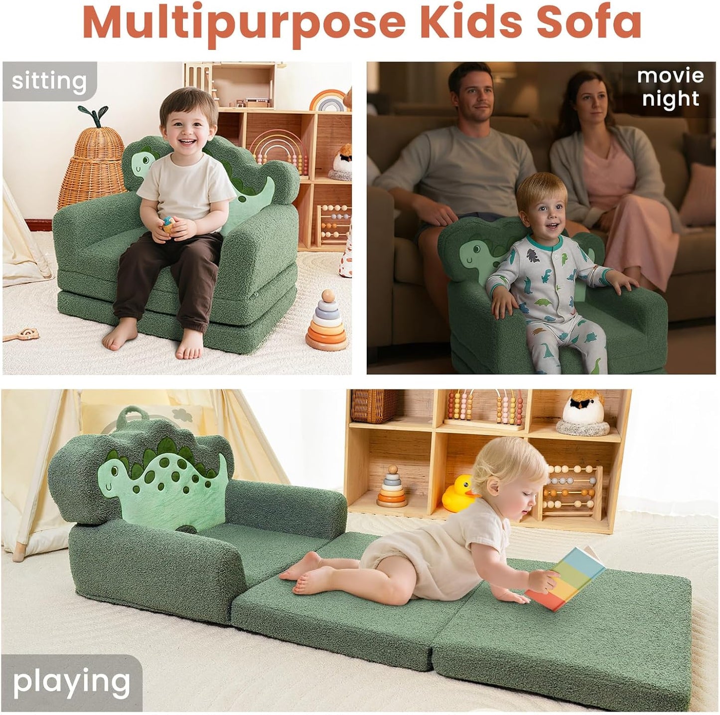 TinyPalsa Kids Couch, Convertible Sofa to Lounger Fold Out, Green Dinosaur Design Chair for Toddlers 1-3, Gift for Movie Night, Camping, and Napping