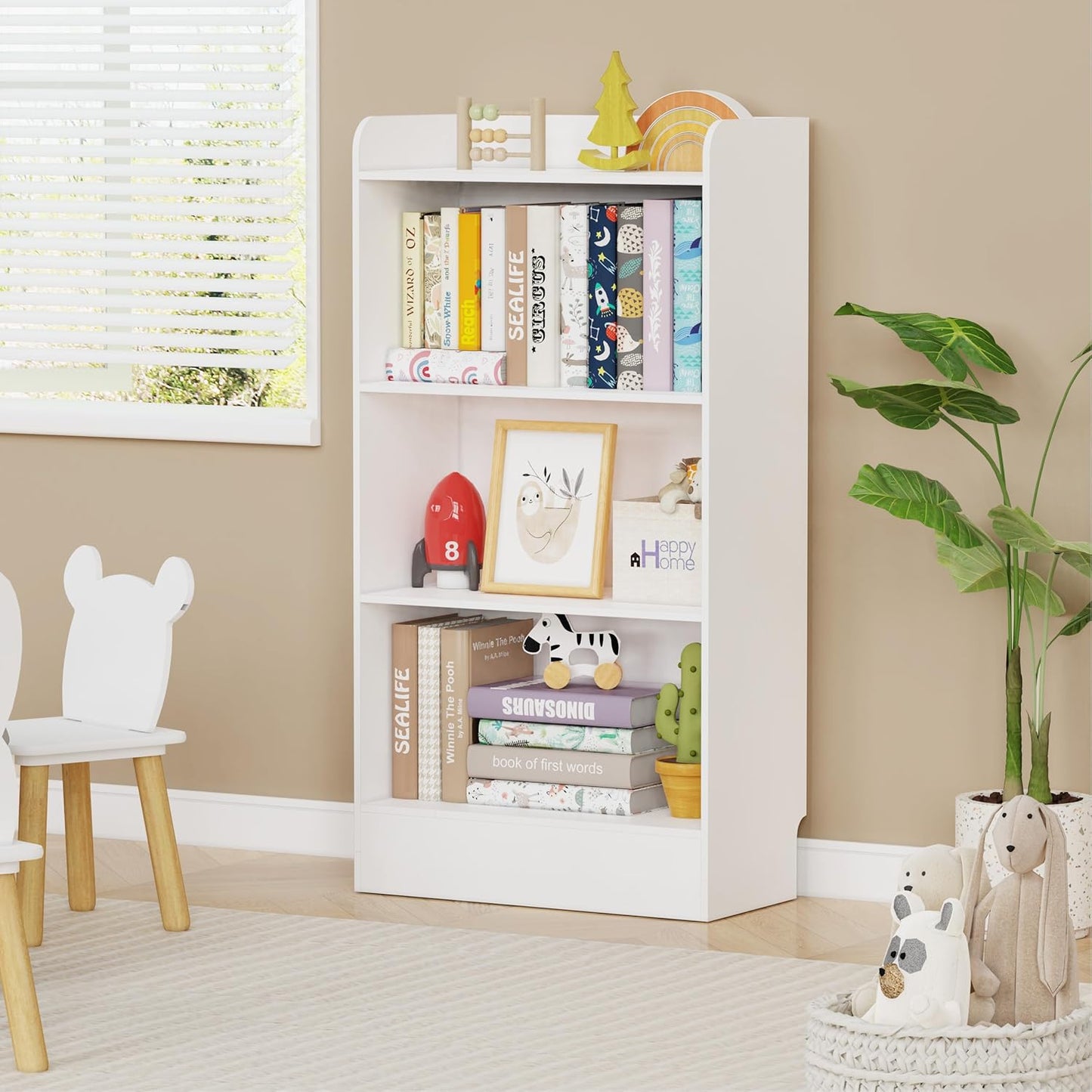 Lkeiyay Montessori Toy Shelf, 4-Tier Kids Storage Organizer,Kid Book Shlef -Ideal for Playroom, Nursery (White)