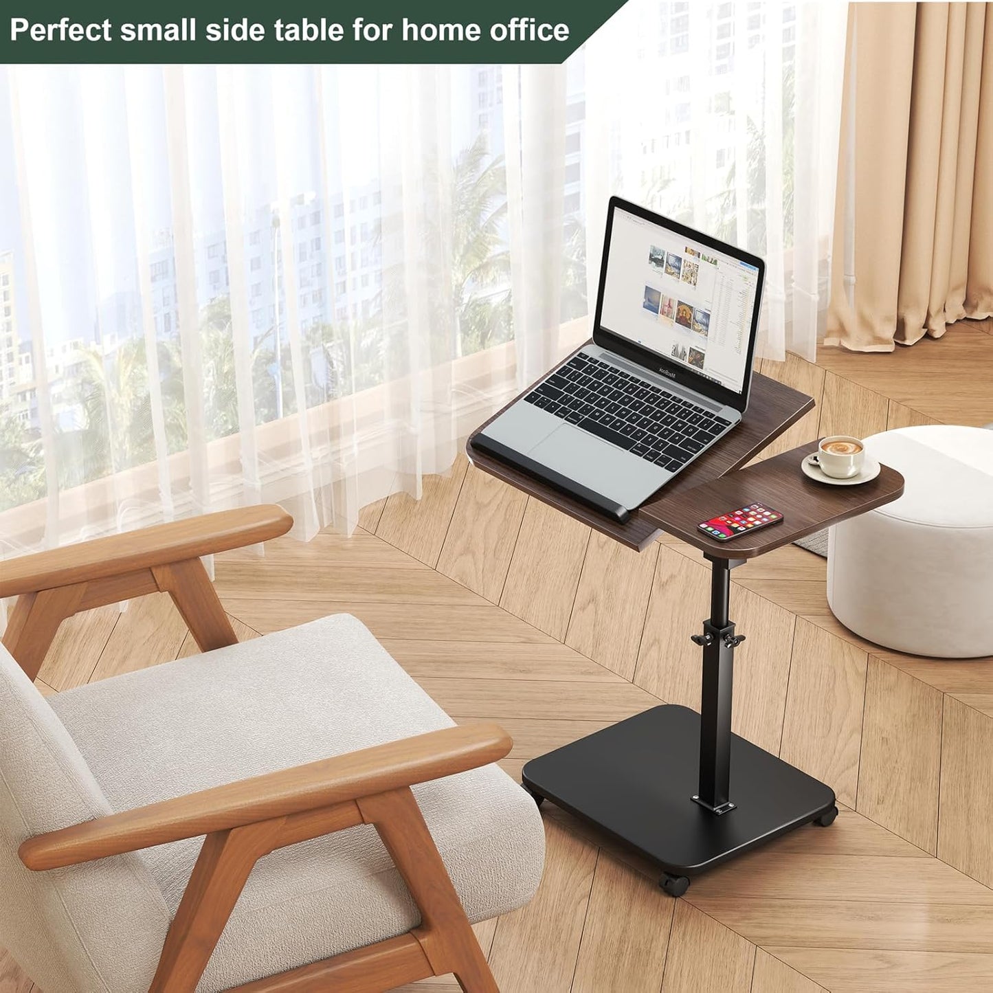 Adjustable Height C Shaped End Table with Wheels,360°Swivel Side Table, Top Tilting Laptop Stand TV Table for Sofa/Bed, Couch Tables that Slide under,Small Coffee Table for Living Room (walnut)