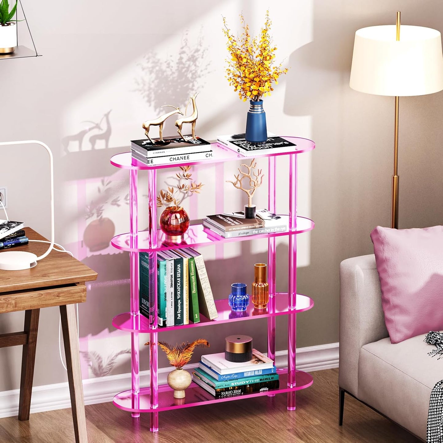 Clear Bookshelf, Acrylic Bookcase with Open Book Shelf Console Table for Entryway Office (4 Tier Pink)