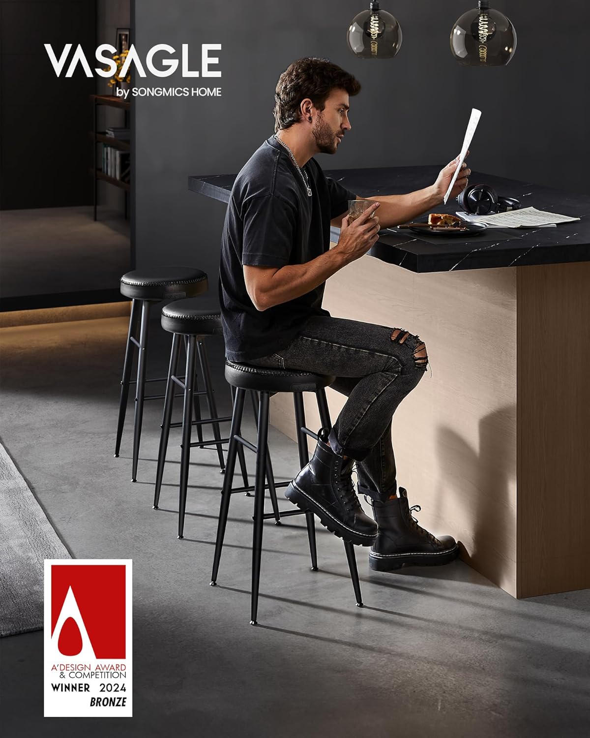 VASAGLE EKHO Collection - Bar Stools Set of 2, Bar Height Bar Stools, Kitchen Counter Stools, Mid-Century Modern Backless Counter Stools, 30-Inch Tall, Kitchen Island Home Bar, Ink Black