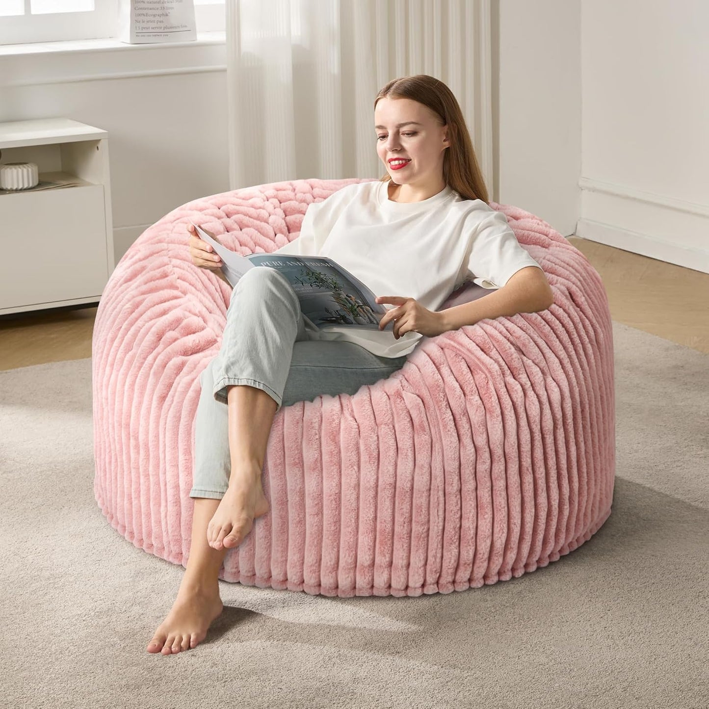 3ft Bean Bag Chairs for Adults Large Beanbag Chair with Stripe Plush Cover Big Bean Bag Chair for Living Room Bedroom Dorm Office