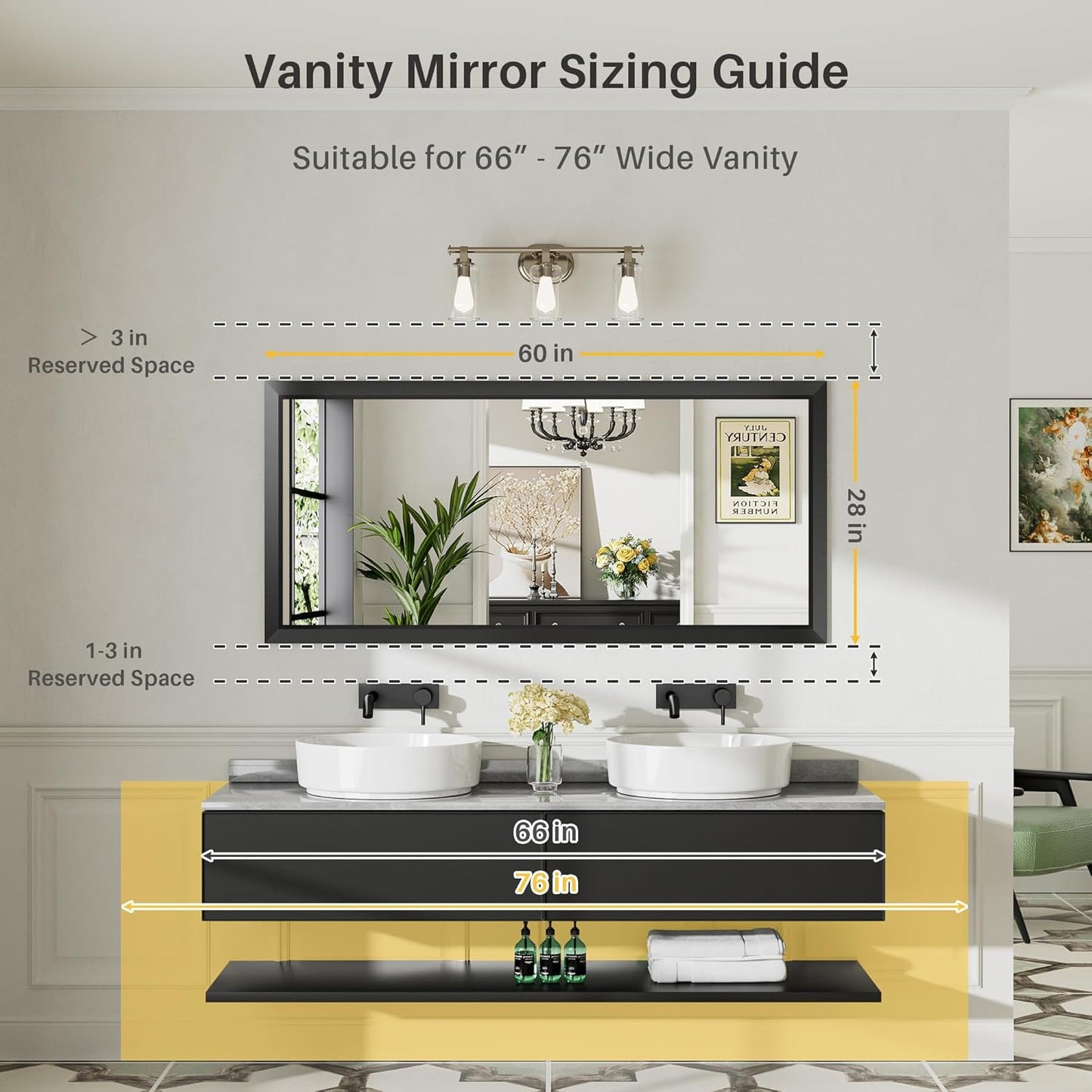 60x28 Inch Black Bathroom Mirror for Wall, Thick Metal Framed Rectangle Mirrors for Over Sink, Bedroom, Living Room, Entryway, Anti-Rust, HD Tempered Glass