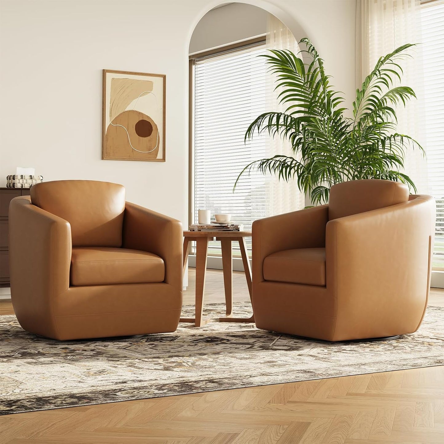 COLAMY 360° Swivel Accent Chair Set of 2 with Pillow - Comfy Living Room Armchair No-Sag Foam & Sturdy Metal Base, Fully Assembled Swivel Accent Single Sofa for Bedroom Living Room, Office, Brown