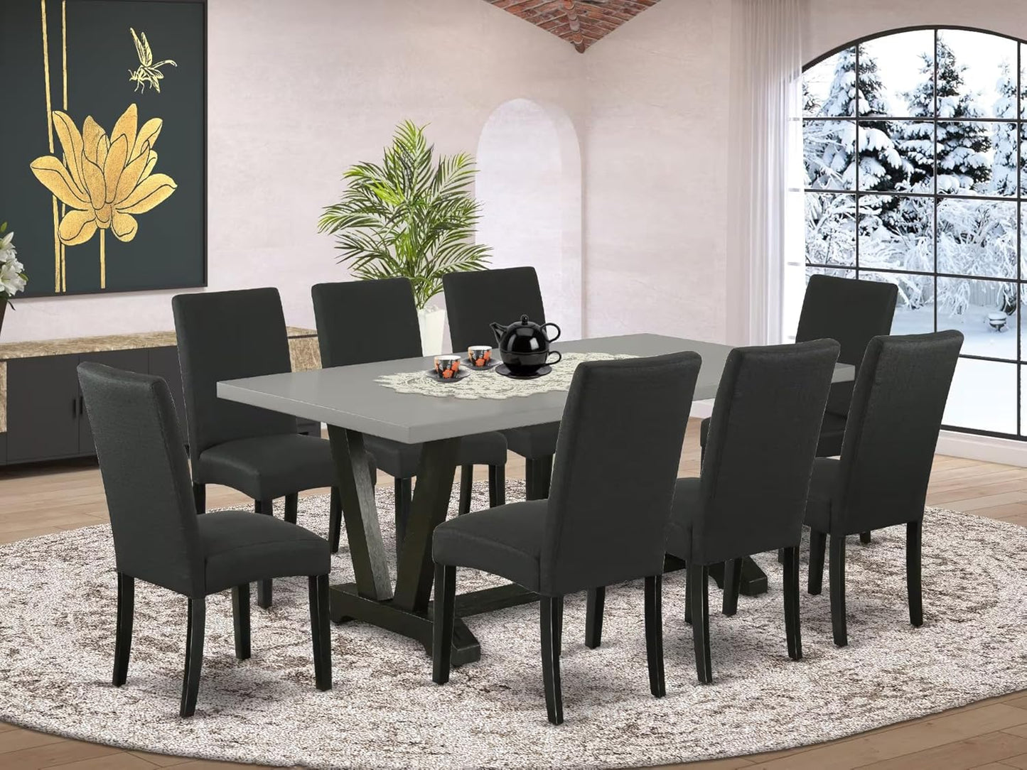 East West Furniture V697DR124-9 9 Piece Dining Table Set Includes a Rectangle Dining Room Table with V-Legs and 8 Black Color Linen Fabric Upholstered Chairs, 40x72 Inch, Multi-Color