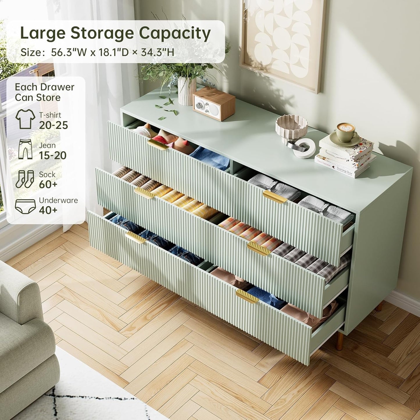 Green Dresser, Modern 6 Drawer Dresser for Bedroom with Gold Handle and Large Drawer, Wood Double Chest of Drawers and Storage Organizer for Living Room, Hallway, Entryway