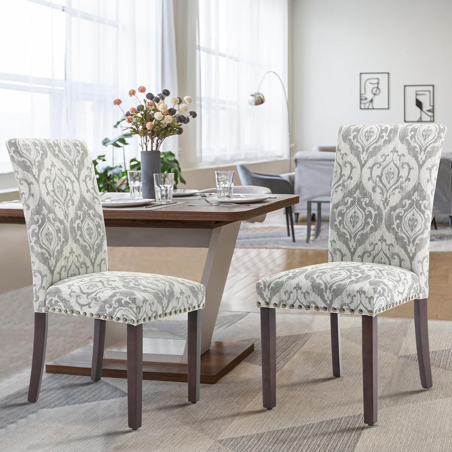 COLAMY Upholstered Parsons Dining Chairs Set of 4, Fabric Dining Room Kitchen Side Chair with Nailhead Trim and Wood Legs - Grey/White Flower