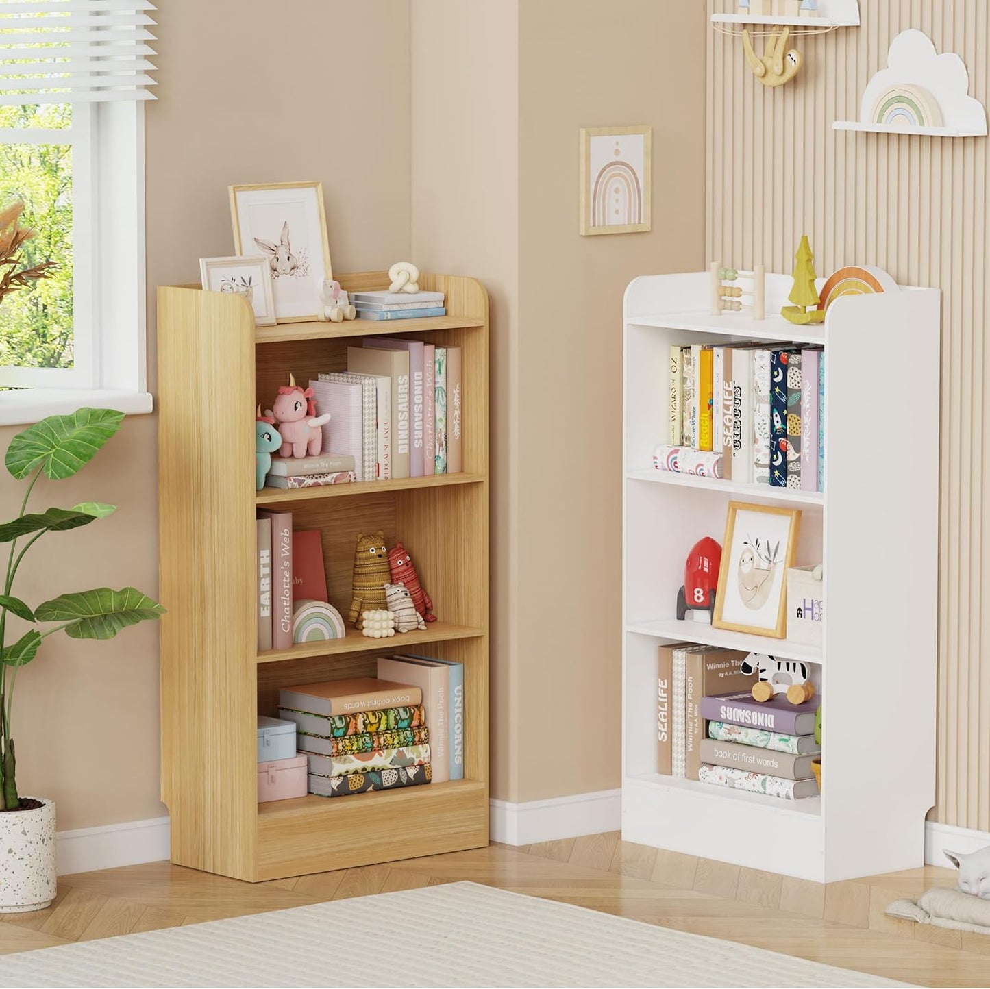 Lkeiyay Kids Bookshelf,Wooden Storage Shelf Organizer,4-Tier Montessori Kids Shelf,Wooden Storage Cabinet Shelves for Kids Room,Playroom(Natural)