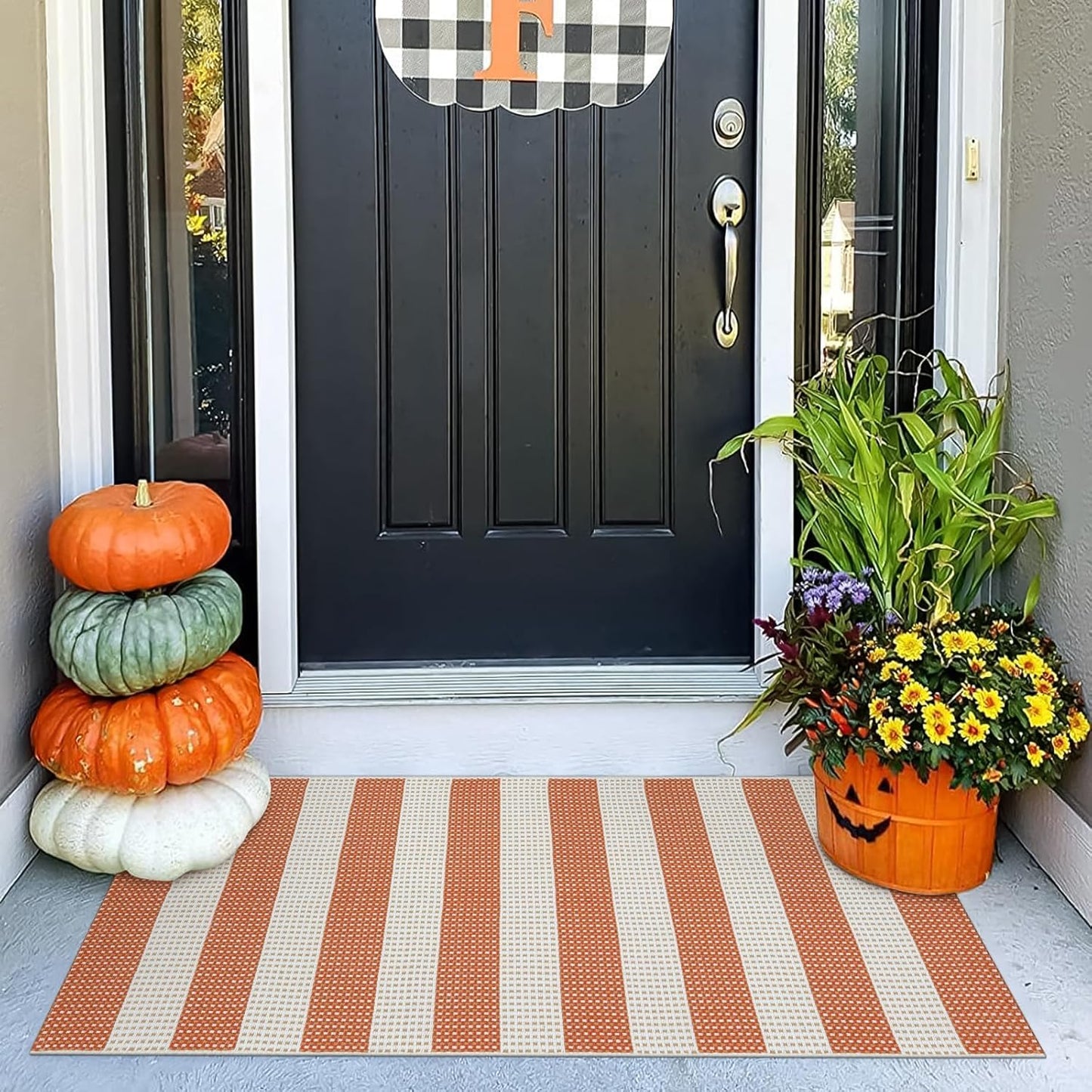 OJIA Fall Front Door Rug 24"x51" Halloween Doormat Striped Rug Cotton Woven Checkered Carpet Washable Front Door Mat Outdoor Small Area Rug for Porch Kitchen Entryway Patio Bathroom (Orange/White/Tan)