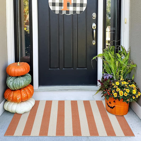 OJIA Fall Front Door Rug 24"x51" Halloween Doormat Striped Rug Cotton Woven Checkered Carpet Washable Front Door Mat Outdoor Small Area Rug for Porch Kitchen Entryway Patio Bathroom (Orange/White/Tan)
