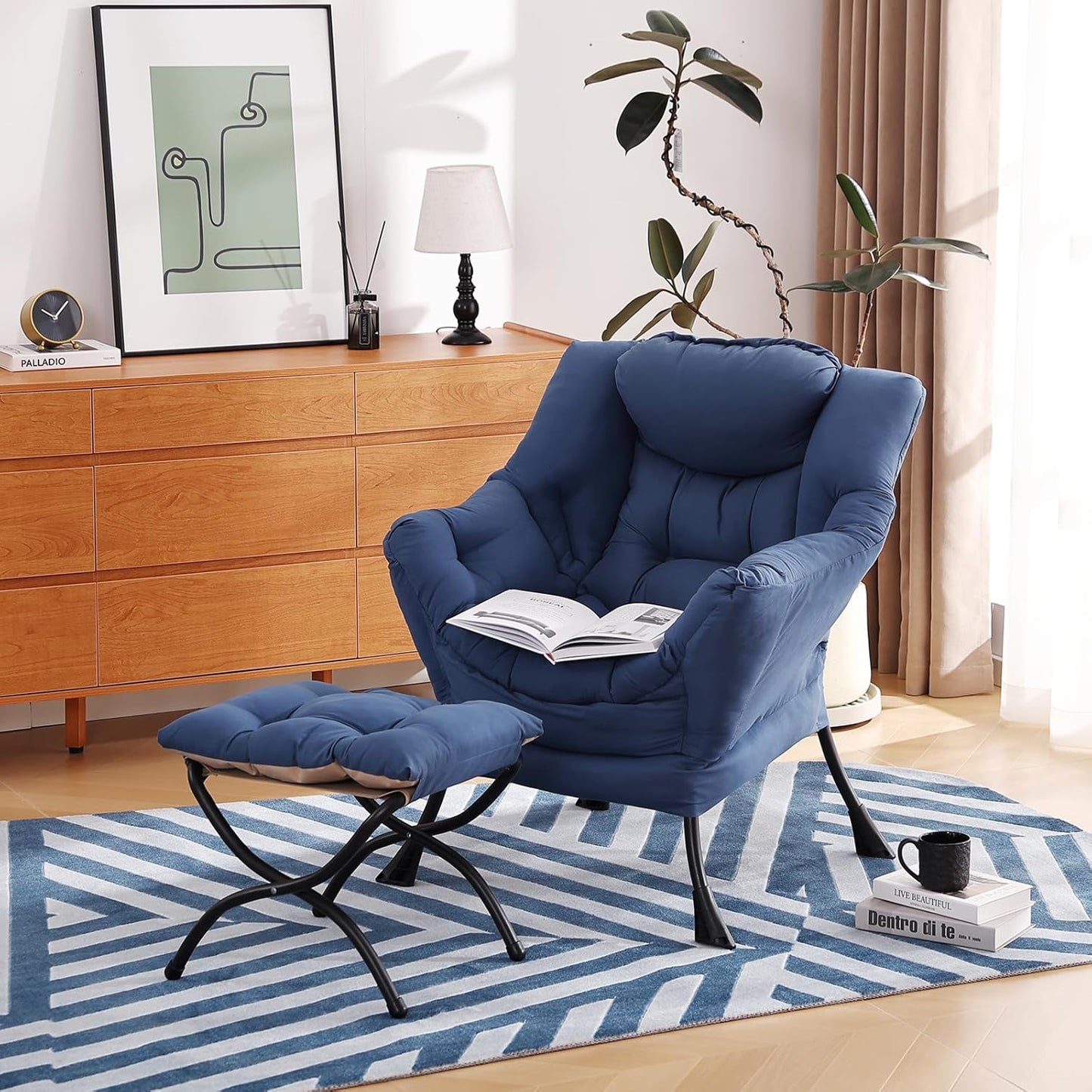 Lazy Chair with Ottoman, Modern Chair with Folding Footrest, Lounge Accent Chair, Comfortable Reading Chair (Royal Blue)