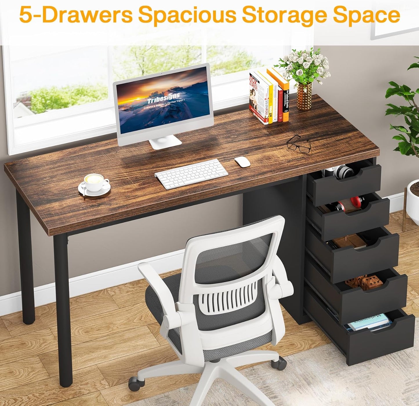 Tribesigns Computer Desk with 5 Drawers, 47 inches Rustic Brown Home Office Desk with Storage, Modern Simple Laptop Desk Study Writing Table for Small Spaces (1, Brown+Black)