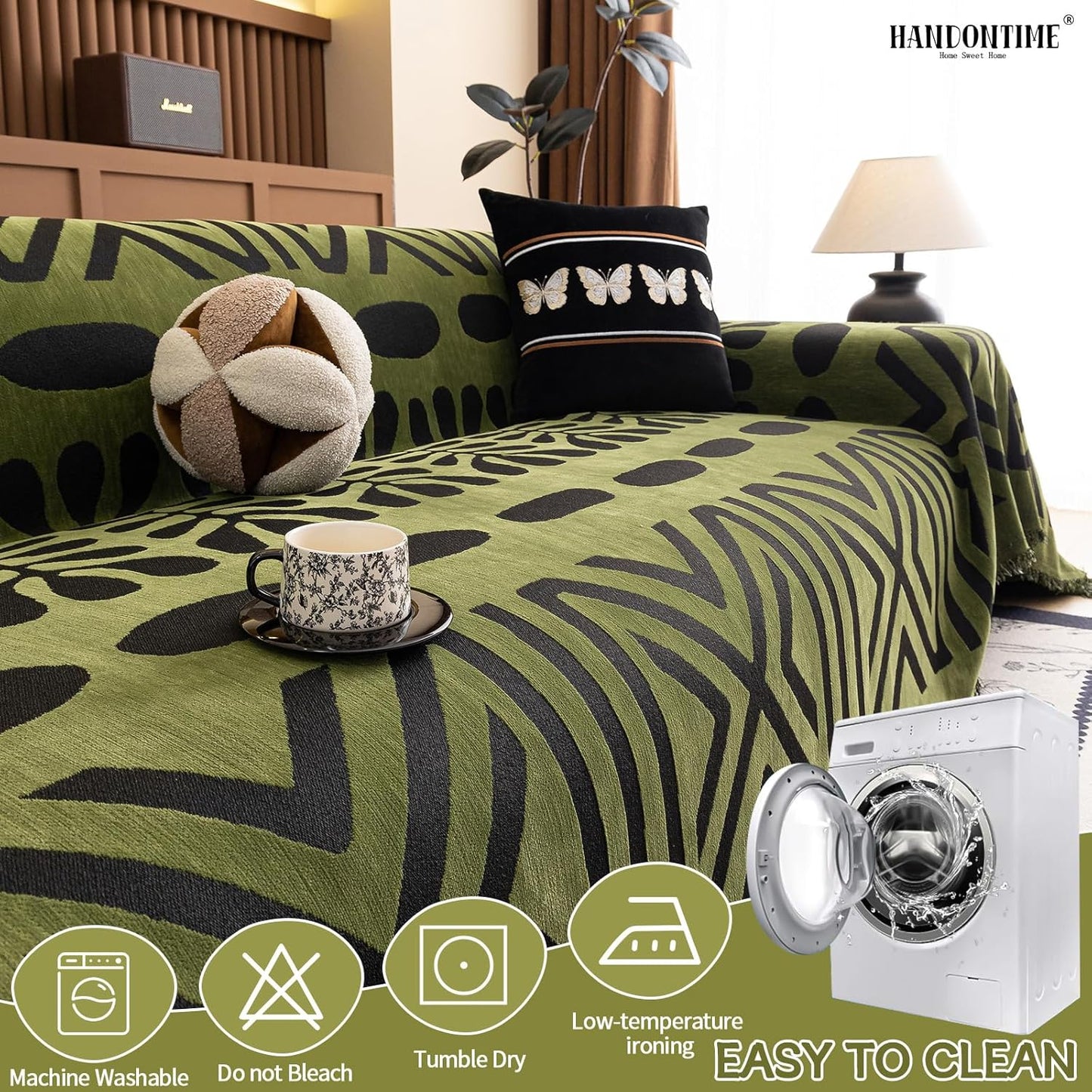 HANDONTIME Boho Couch Cover Geometric Striped Pet Covers for Couches and Sofas Olive Green and Black Dog Cover for Couch Pet Friendly Chenille Sectional Sofa Covers for Pets Washable, 71" X 150"