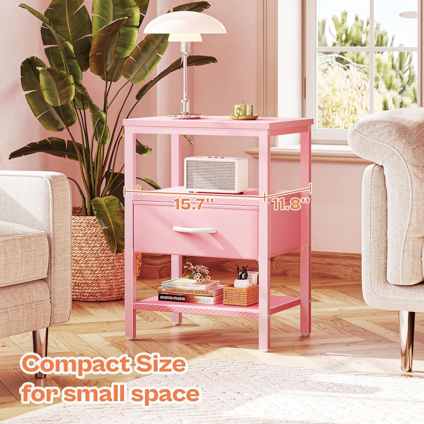 SUPERJARE Nightstand with Charging Station, Bed Side Table with Adjustable Fabric Drawer, Night Stand for Bedroom, 3-Tier Storage End Table, for Living Room, Pink