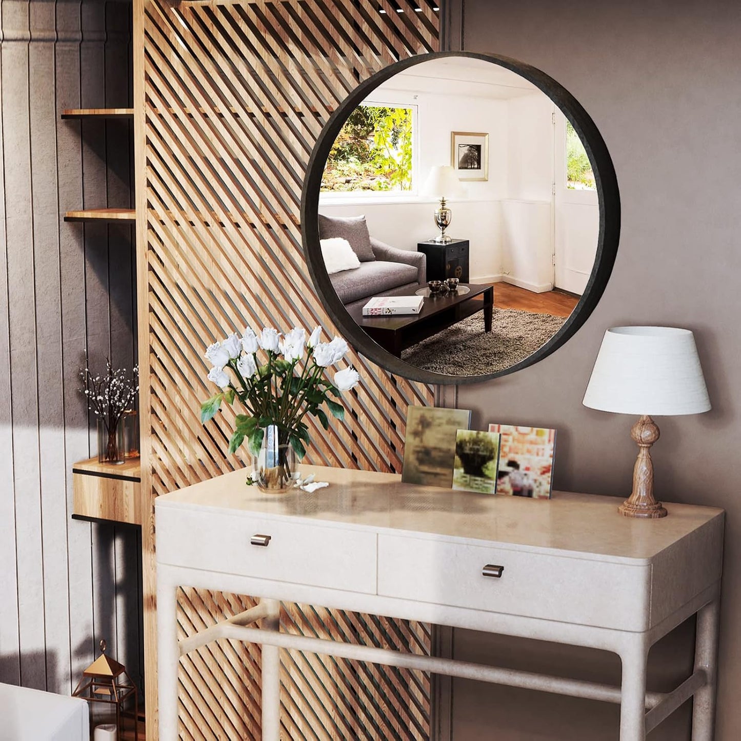 HOMECOOKIN Wood Round Wall Mirror, Large Circle Rustic Accent Decor Mirror, Hanging Bathroom with Frame for Living Room, Bedroom, Entryway, 24 inch, Black