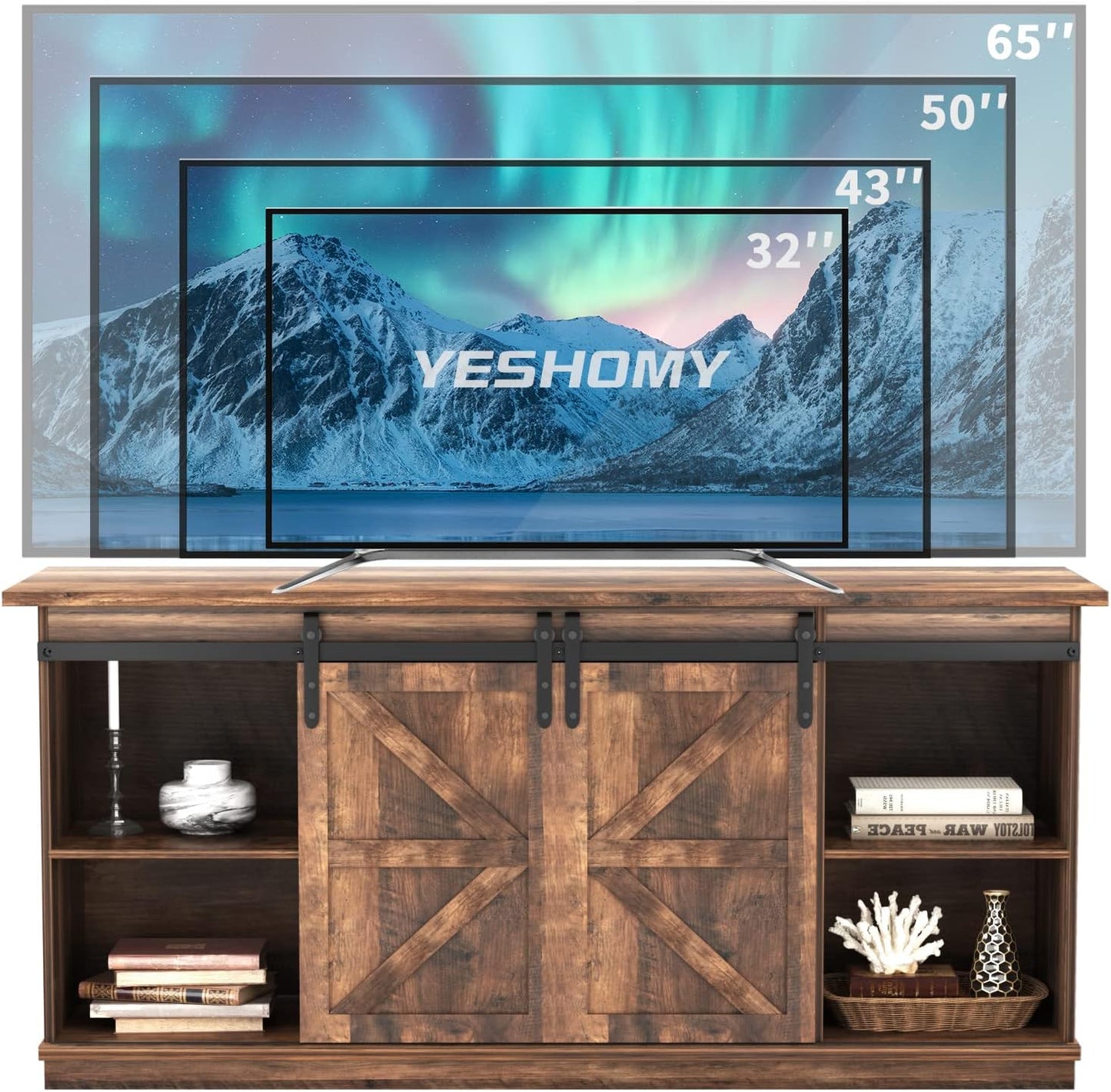 YESHOMY TV Stand for Televisions up to 65 Inches, with Sliding Barn Doors and Storage Cabinets, Console Table and Media Furniture for Living Room, 58 Inch, Barnwood