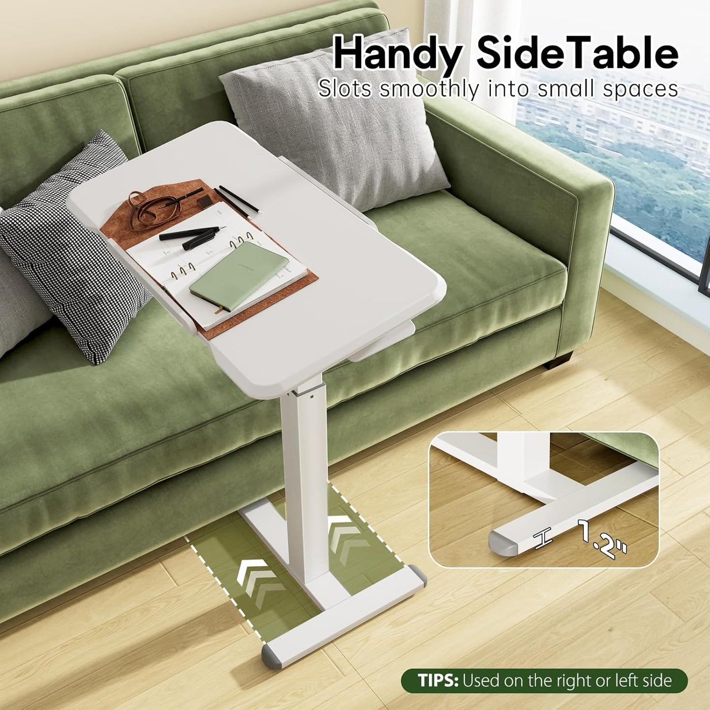 Rolling Laptop Desk, 180° Tiltable Mobile Standing Desk Height Adjustable, Overbed Bedside Table, Portable Computer Desk with Wheels, Foldable Laptop Cart for Home Office, White