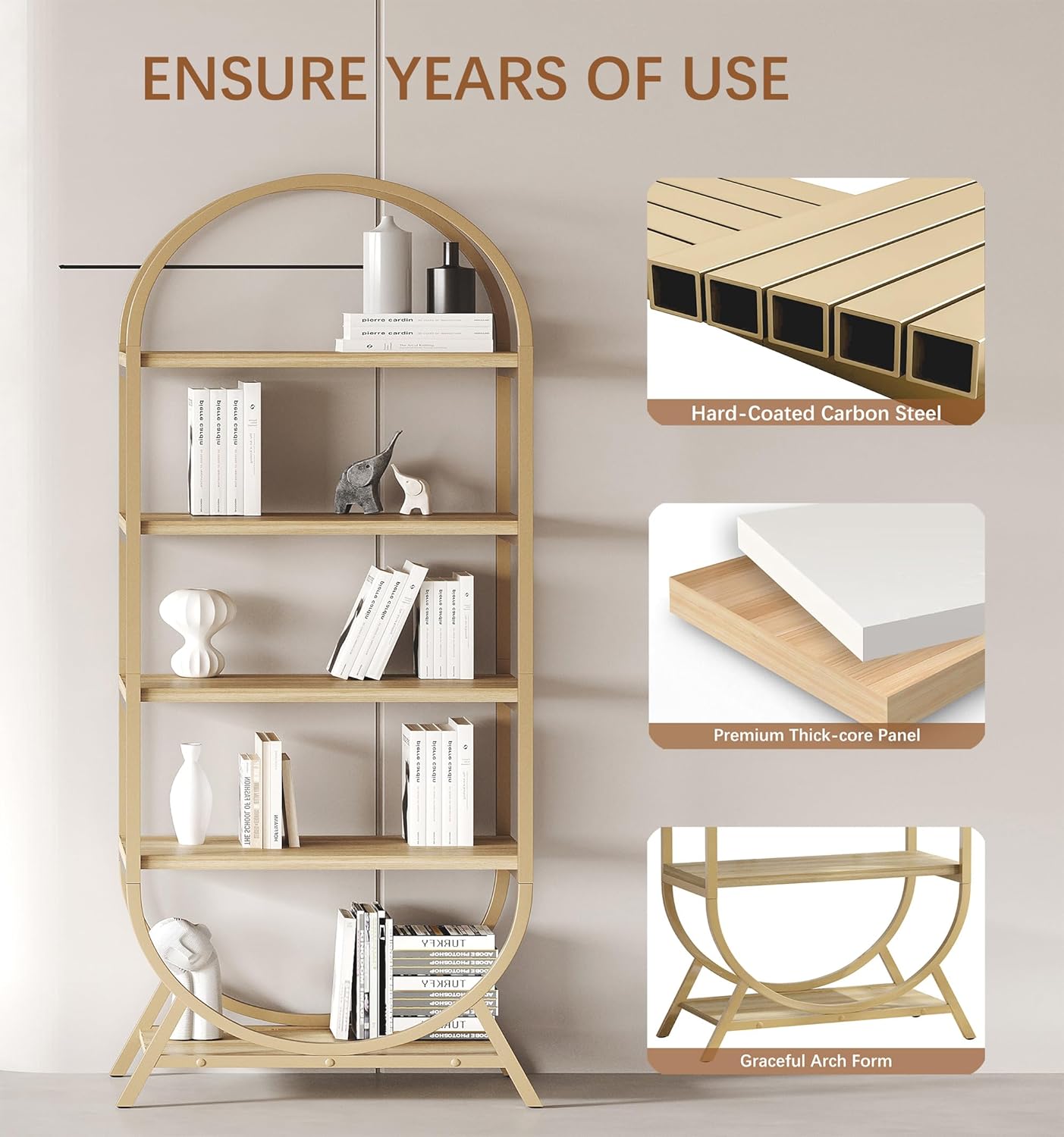 Bookshelf Arched Bookcase, Industrial 5 Tier Open Book Shelves with Metal Frame, 72" Tall Freestanding Display Rack for Home Office, Living Room,Nature Wood and Gold