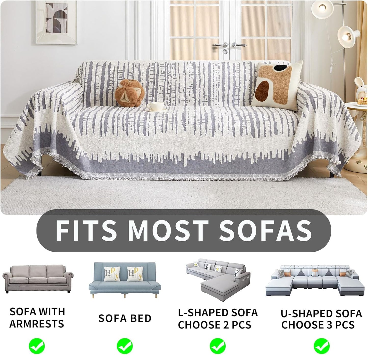 HAOMAIJIA Boho Sofa Covers Couch Covers for 3 Cushion Couch Sofa Pet Friendly Soft Thick Non Slip Couch Cover for Dogs Washable Sectional Couch Covers L Shape Furniture Protecto (XF-Grey, 71"x118")