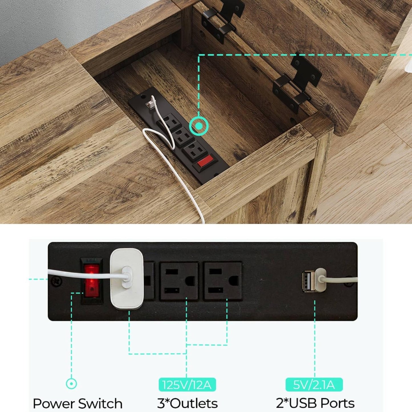LINSY HOME End Table Set of 2 with Charging Station, Modern Farmhouse Sofa Couch Side Table, Wooden Bedside Table for Living Room Bedroom, Narrow Nightstand with Storage for Small Space, Brown