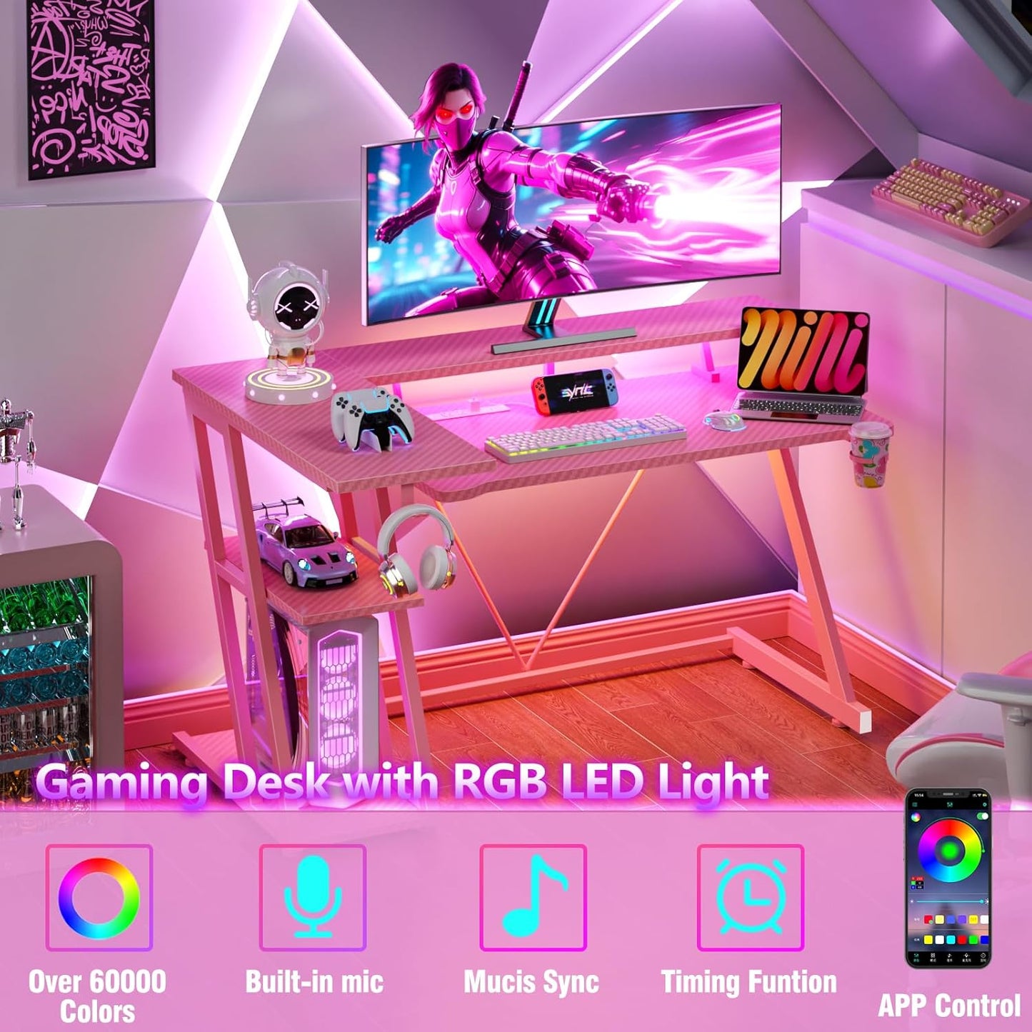 47 Inch Pink Gaming Desk with Power Outlet & LED Lights, Corner Computer Desk with 3 Tiers Storage Shelves, L Shaped Gaming Desk with Monitor Stand for Bedroom