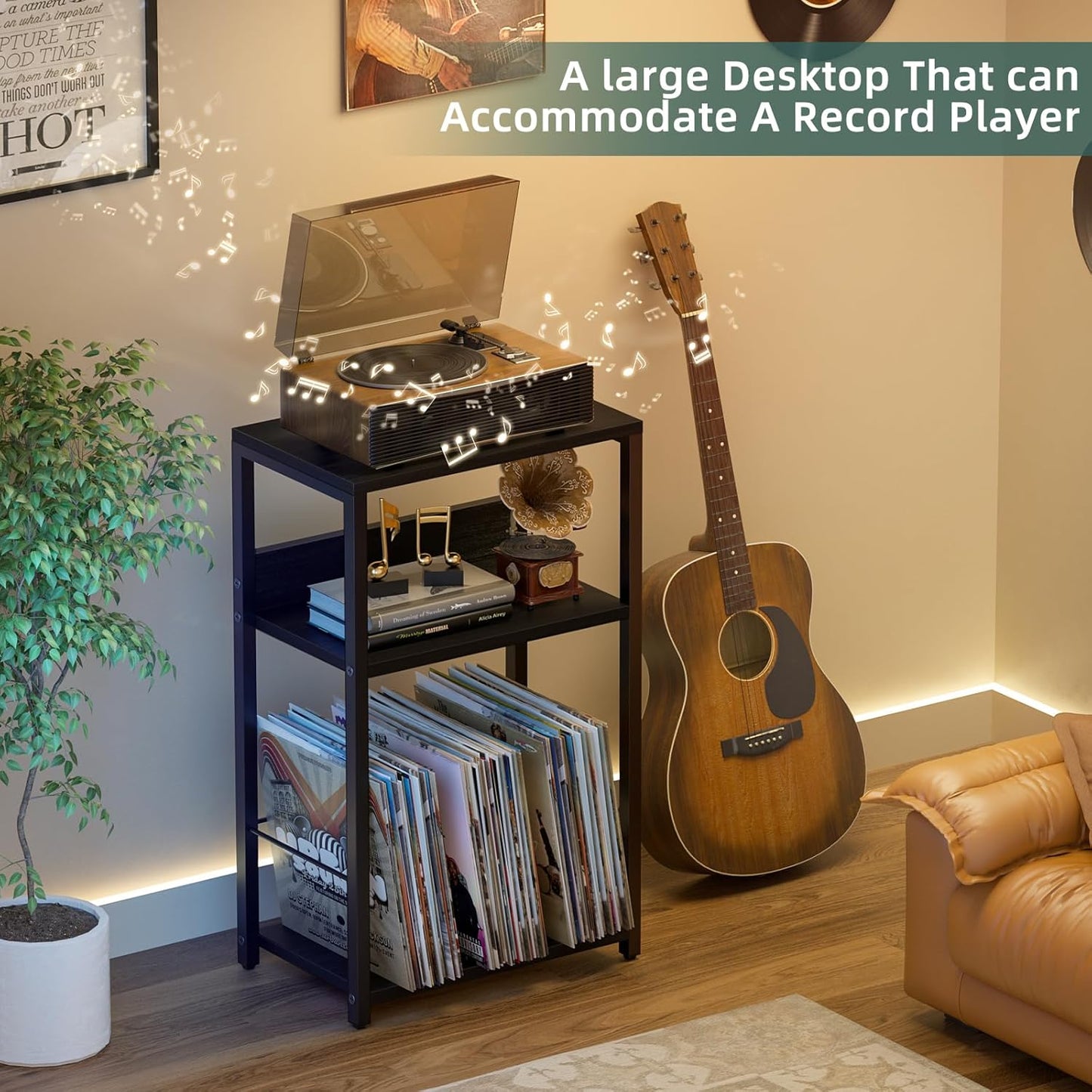 LELELINKY Record Player Stand Set of 2, 3-Tier End Side Table with Vinyl Record Storage, Vinyl Record Holder Up to 120 Albums, Turntable Stand with Vinyls Storage for Music Living Room