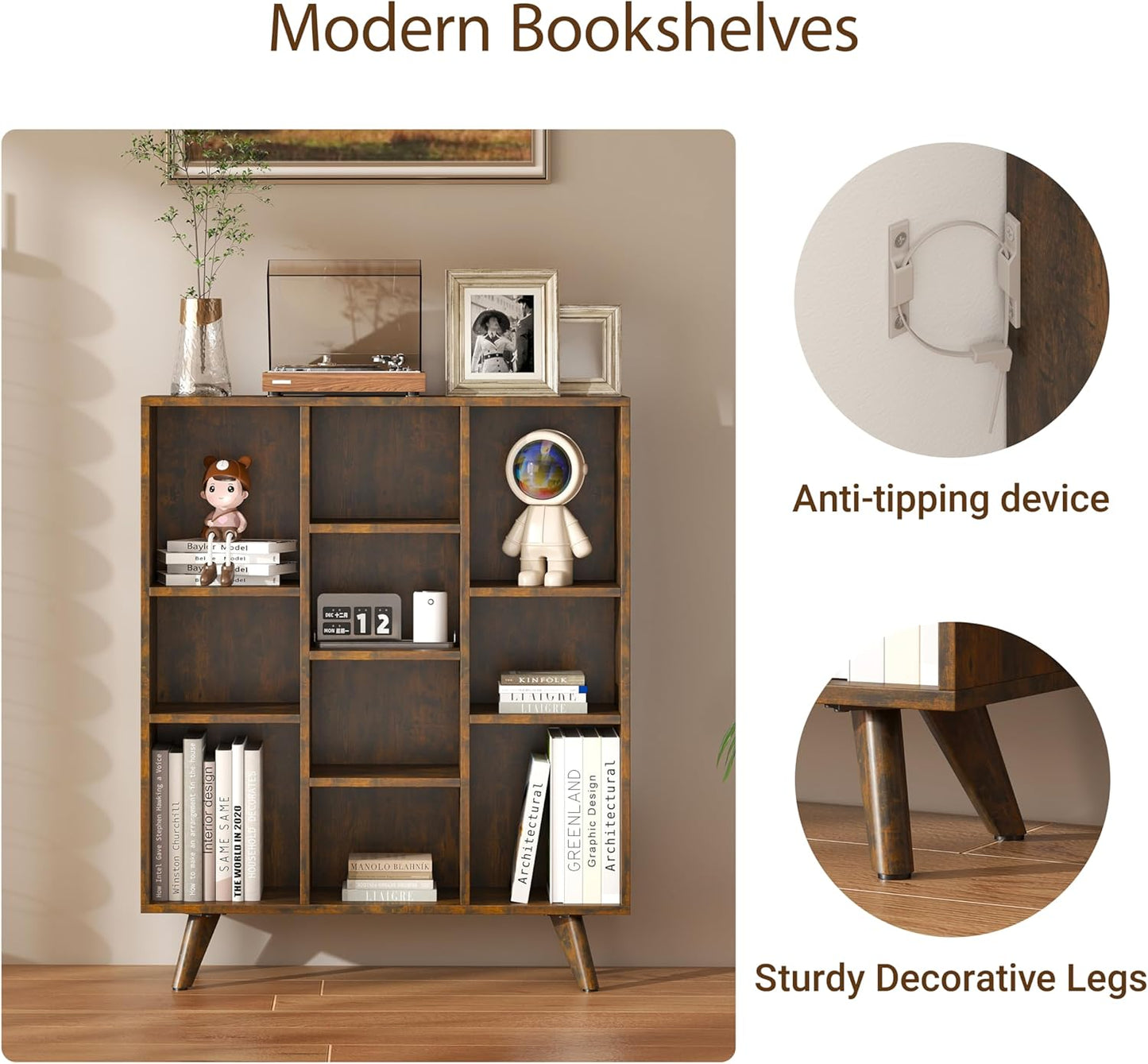 Manora Rustic Brown 10 Cube Mid Century Modern Bookshelf, Wooden Storage Organizer with Open Shelves, Retro Bookcase for Living Room, Bedroom, Home Office