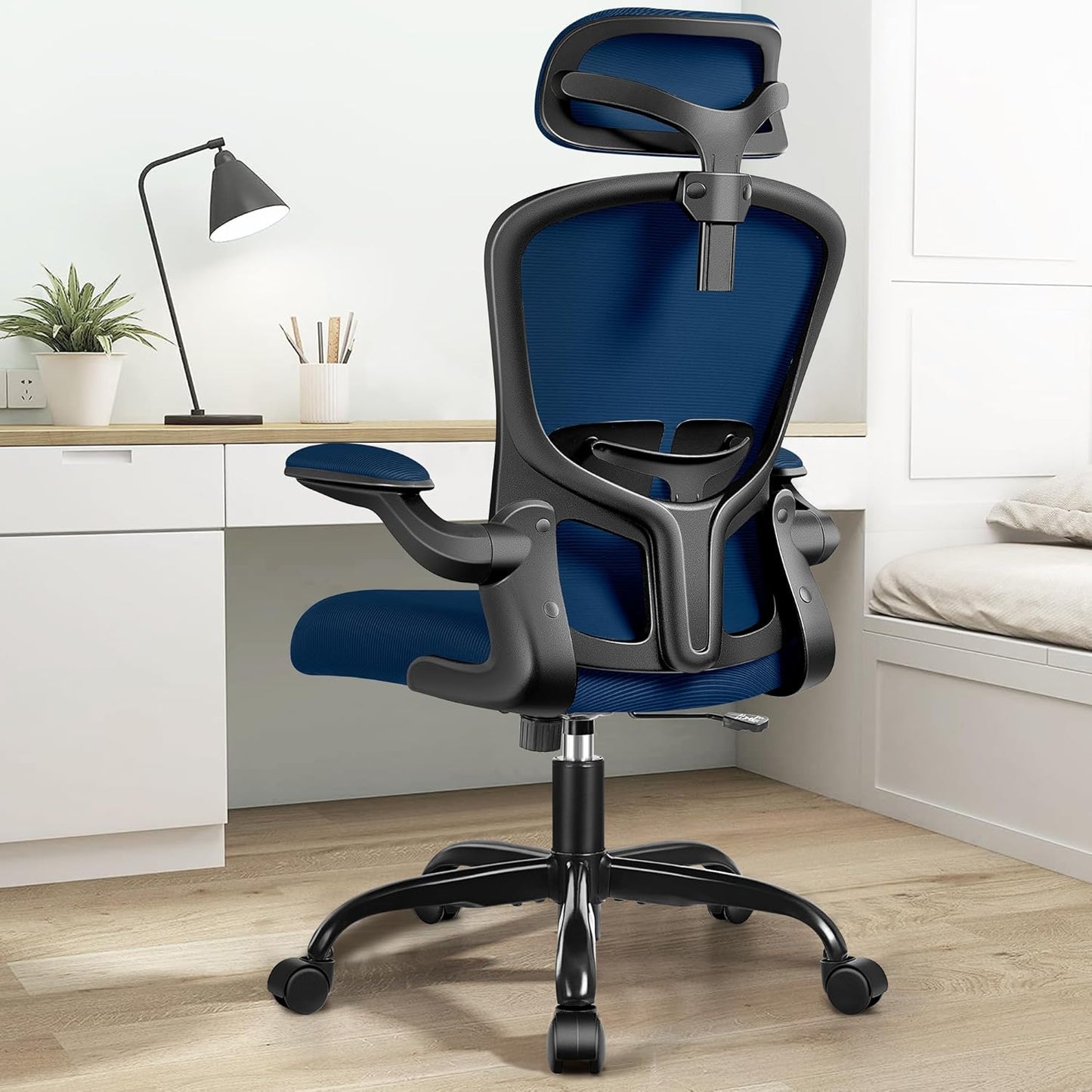 FelixKing Ergonomic Office Desk Chair with Headrest, Wheels, Adjustable Lumbar Support and Height, Swivel Comfy Task Chair with Flip-up Armrests, Ergo Mesh Backrest for Working (Navy)
