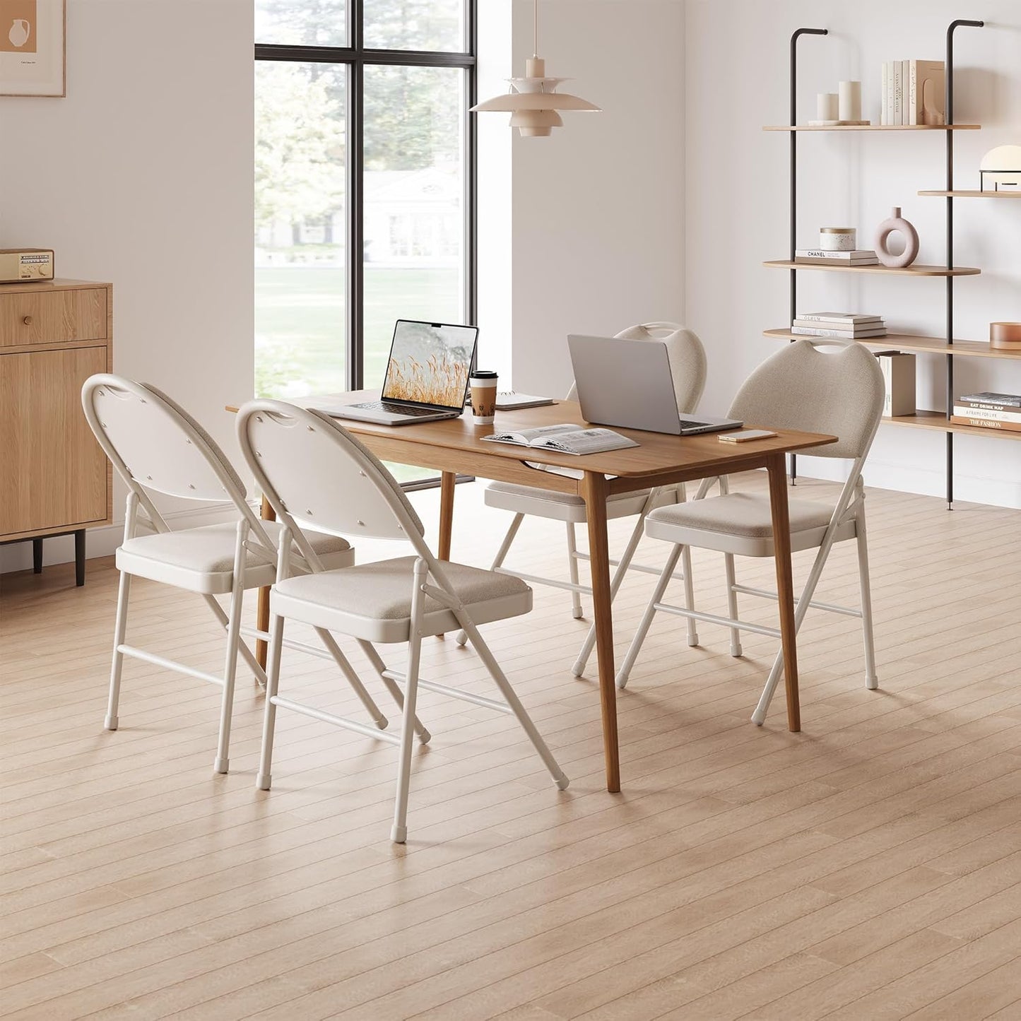 GarveeHome 4 Pack Folding Chairs with Fabric Padded, Metal Foldable Chair Linen Cushion and Back for Indoor Outdoor, Commercial Stackable Guest Chairs for Camping, Dining Room, Office, Wedding, Beige