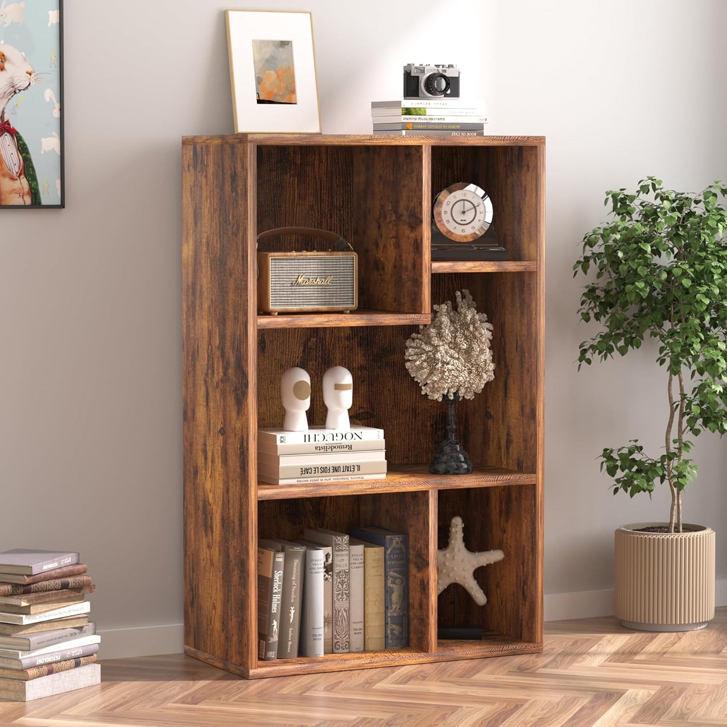 VECELO 5 Cube Modern Bookcases, 3 Tier Bookshelves, 31 Inch High Cubby Storage Organizer, Shelf Hight Up to 12.8 Inches Suit for Most Books, Vertical or Horizontal Use Available,Rustic Brown