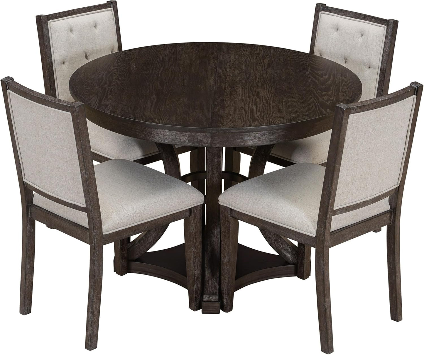 Merax 5-Piece Extendable Round Dining Table Set 42"-58" Retro Functional Table and 4 Upholstered Chairs for Dining Room and Living Room (Espresso)