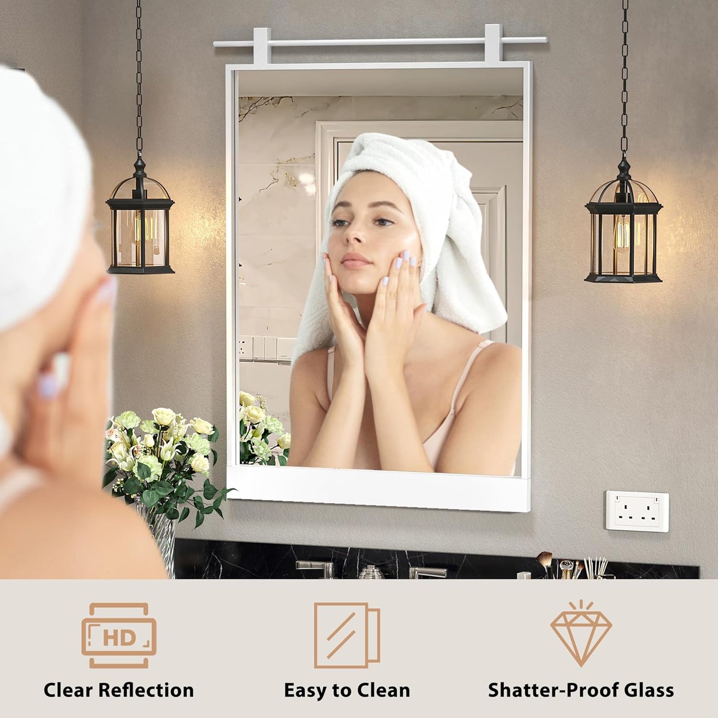 24x36 Inch Rectangle Bathroom Vanity Mirror for Wall Mounted Over Sink Farmhouse Rustic White Frame Barn Door Mirrors Foyer Entryway Decor