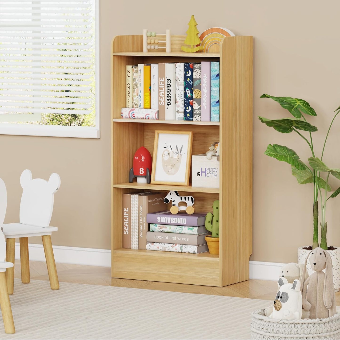 Lkeiyay Kids Bookshelf,Wooden Storage Shelf Organizer,4-Tier Montessori Kids Shelf,Wooden Storage Cabinet Shelves for Kids Room,Playroom(Natural)