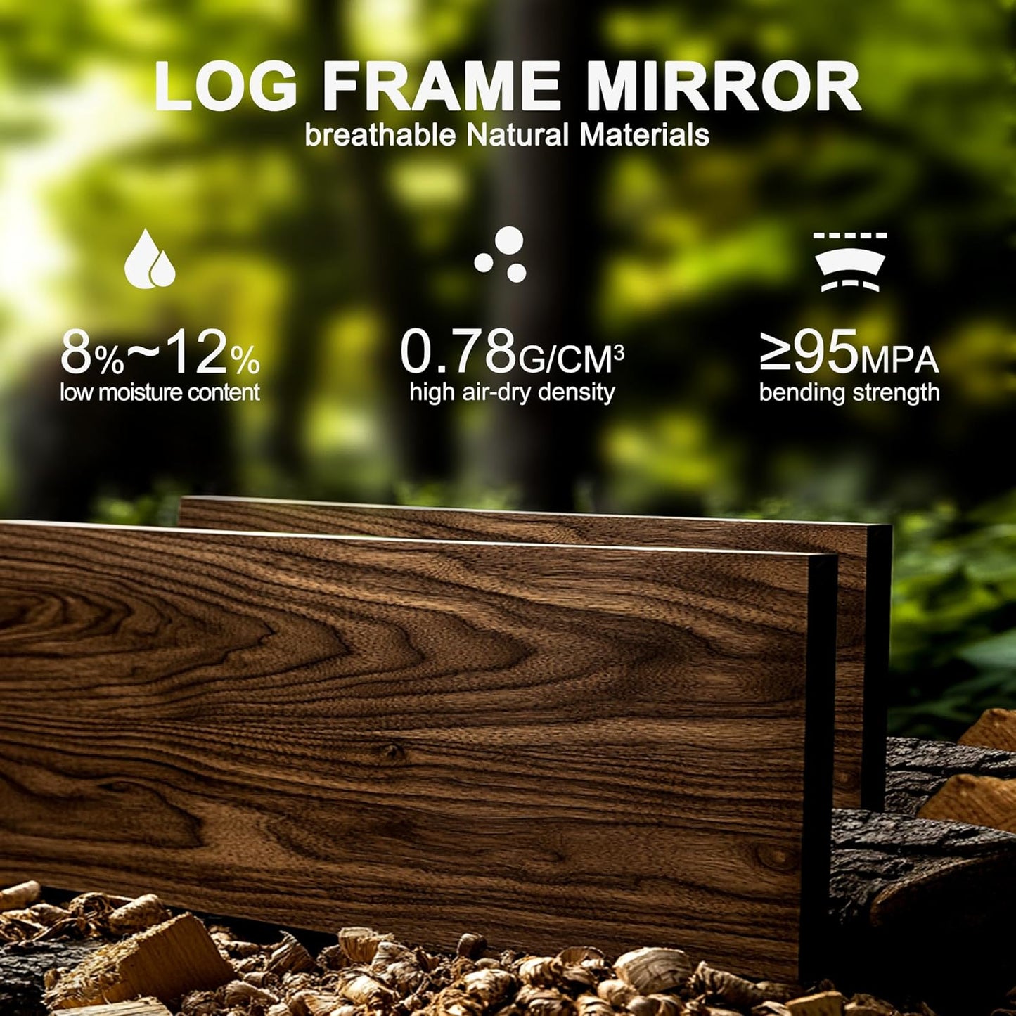 36x24 Inch Handcrafted Solid Wood Square Wall Mirror with Geometric Wood Inlay Design, Rustic Natural Texture for Bathroom, Bedroom, Living Room Decor