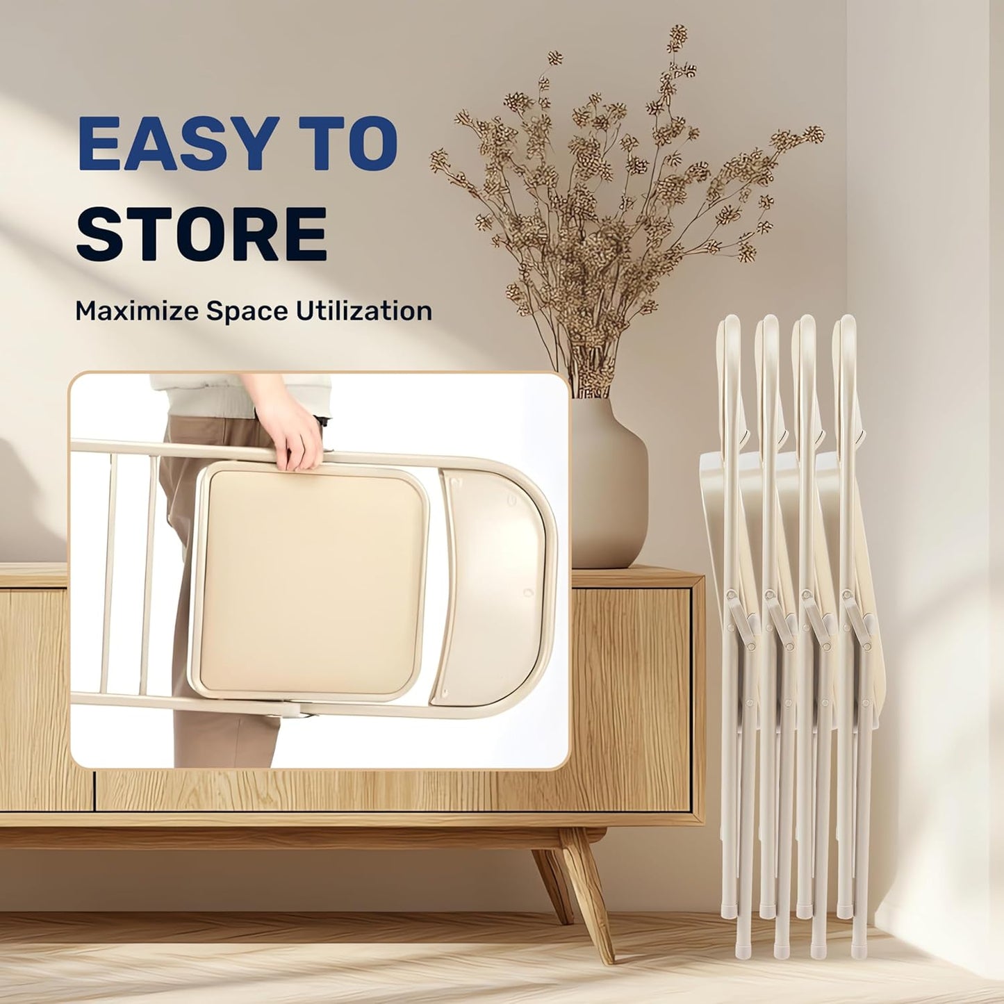 HealSmart 4 Pack Folding Chairs with Leather Padded Cushion Seats & Durable Metal Frame, Comfortable, Foldable, Portable, Commercial Event Seat, Indoor Outdoor for Home, Parties, Office, Kahki