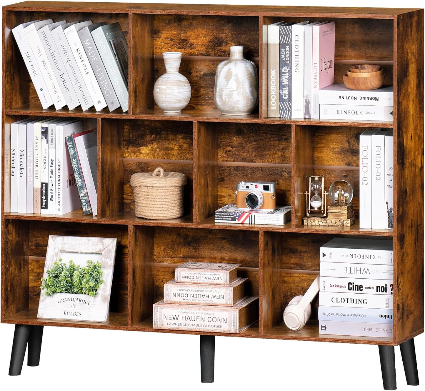 LEYAOYAO 10 Cube Bookshelf,3 Tier Modern Wide Bookcase with Legs,Mid-Century Wood Bookshelves Storage，Brown Large Book Case,Freestanding Organizer Display Shelf for Bedroom,Living Room,Office