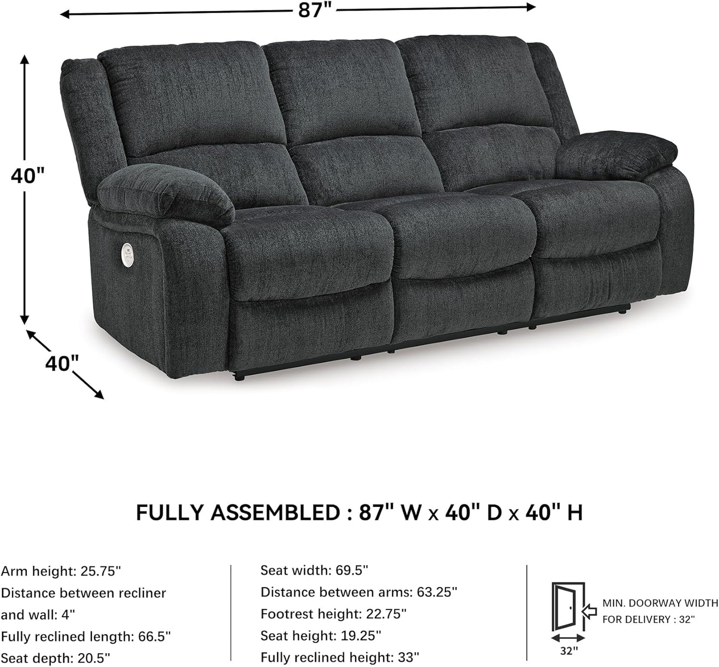 Signature Design by Ashley Draycoll Contemporary Power Reclining Sofa, Dark Gray