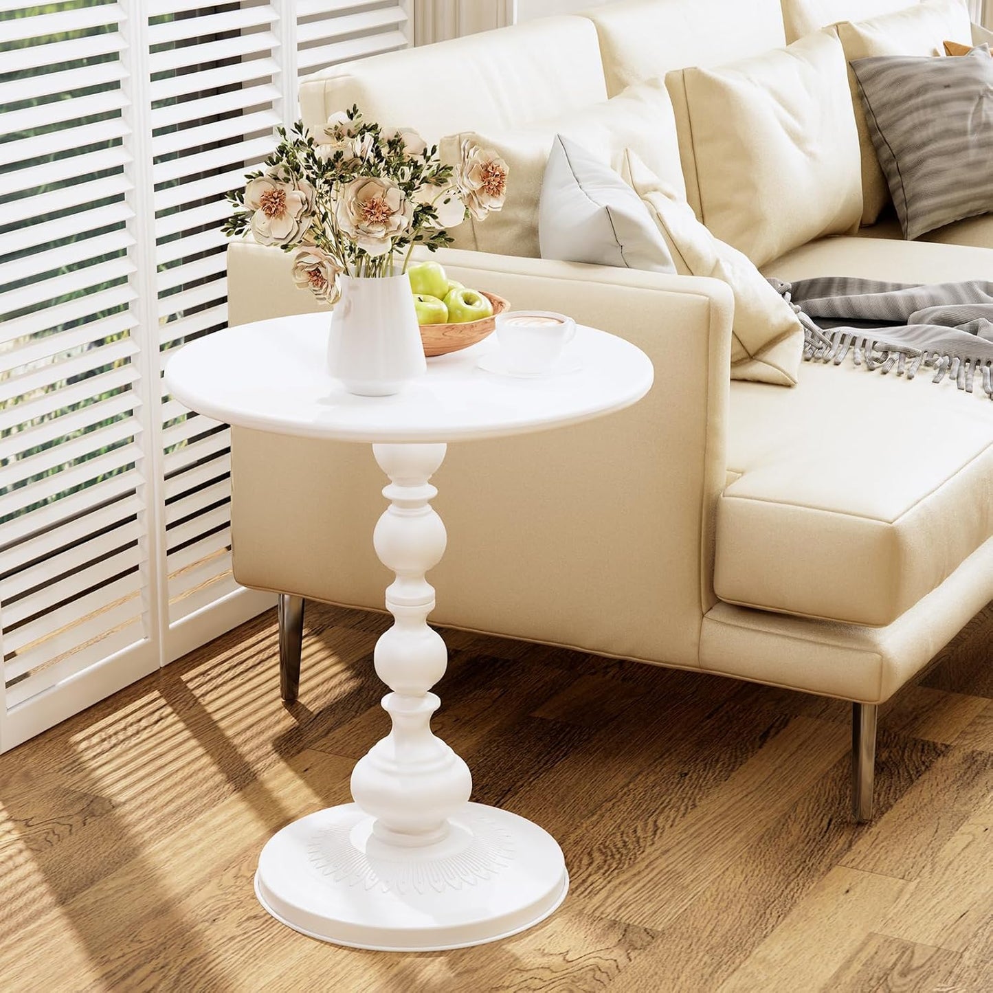 XIV Metal Small Round Side End Table, Vintage Matte Coffee Drink Cocktail Table, Accent Pedestal Table for Living Room Corners and Small Spaces, 21'' Height (White)