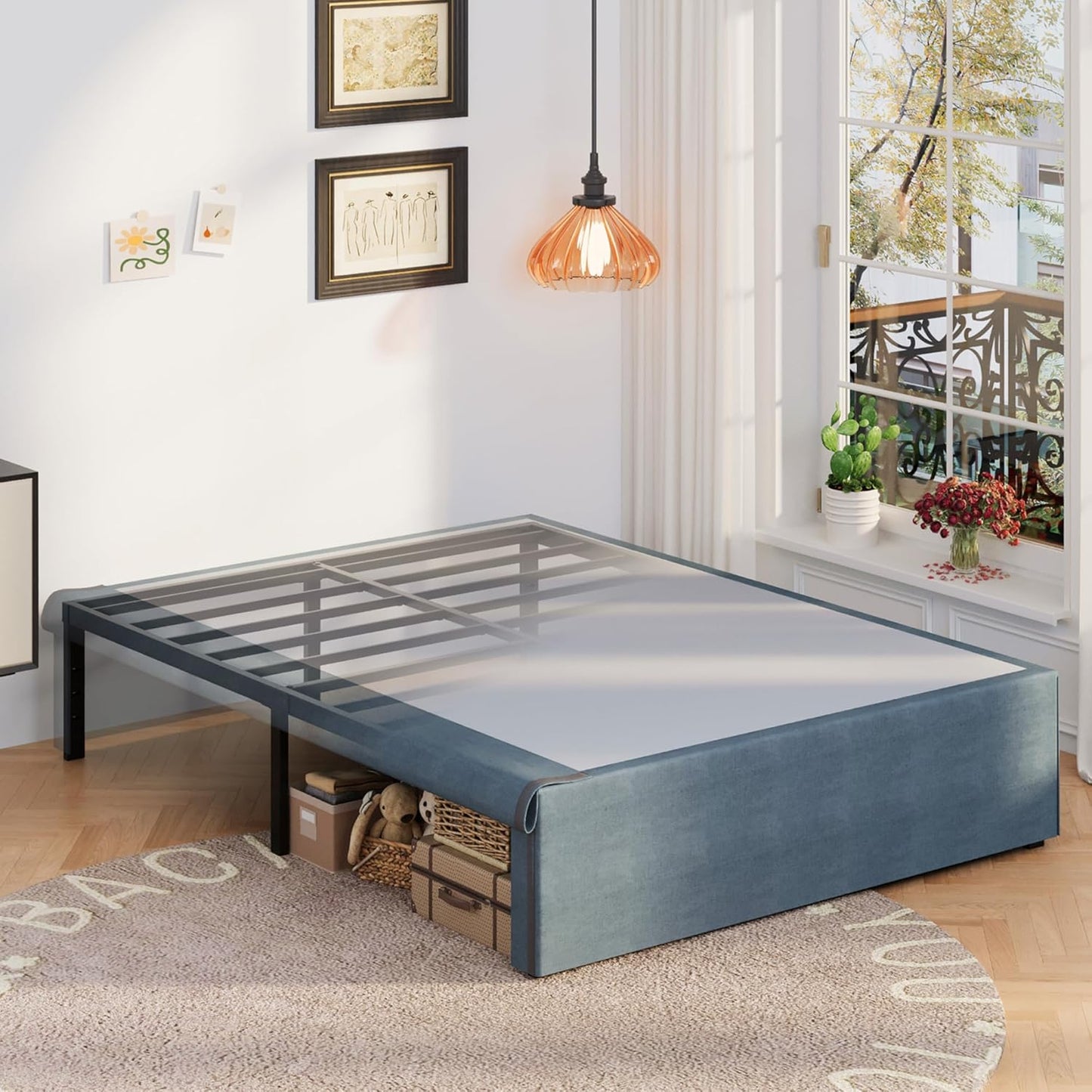 16 Inch Bed Frame Queen Size with Fabric Cover, Metal Platform Queen Bed Frame with Storage No Box Spring Needed, Heavy Duty Non-Slip, Easy Assembly Mattress Foundation