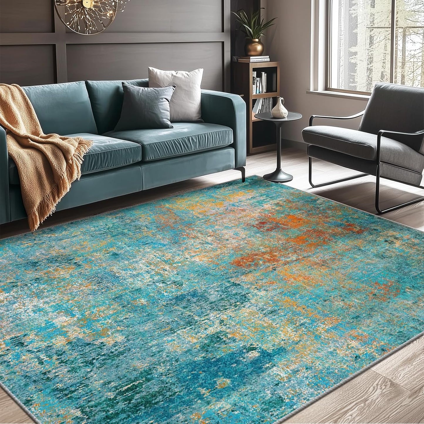 Washable Area Rugs 5'x7' Non-Slip Modern Abstract Soft for Living Room Entryway Bedroom Nursery, Print Pattern, Teal Blue Green Orange Rust Red Colorful