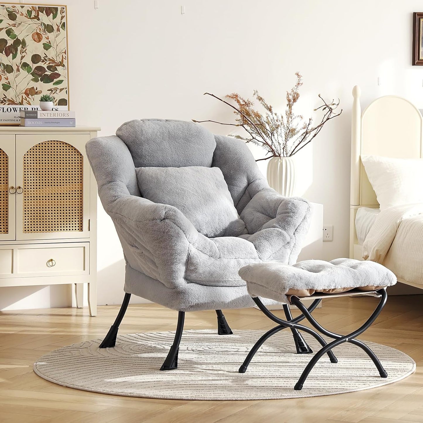 Lazy Chair with Ottoman, Modern Large Accent Lounge Chair with a Pillow, Leisure Sofa Armchair, Reading Chair with Footrest for Bedroom, Living Room,Plush White Gray