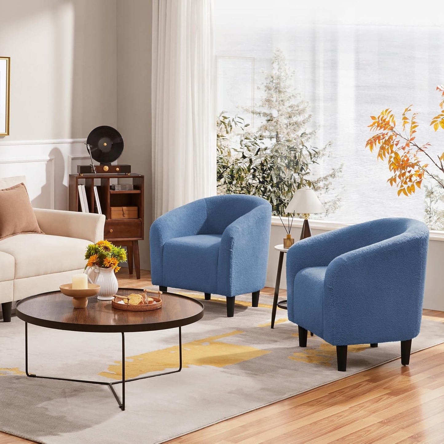 Yaheetech Accent Barrel Chair, Boucle Fabric Club Chair, Furry Sherpa Elegant Armchair with Cozy Soft Padded, Suitable for Living Room Bedroom Reception Room Office, Blue