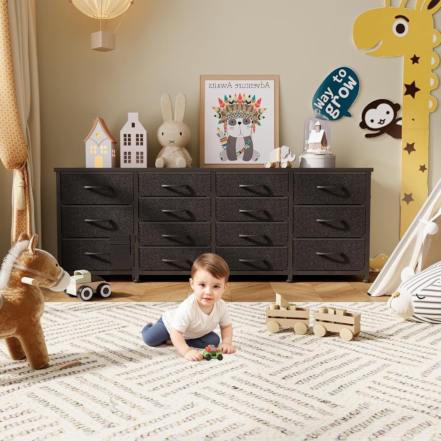 63 Inch TV Stand Dresser for Bedroom, Long Black Dresser with 14 Fabric Drawers for 65 70 75 Inch TV, Entertainment Center with Storage Media TV Console Table