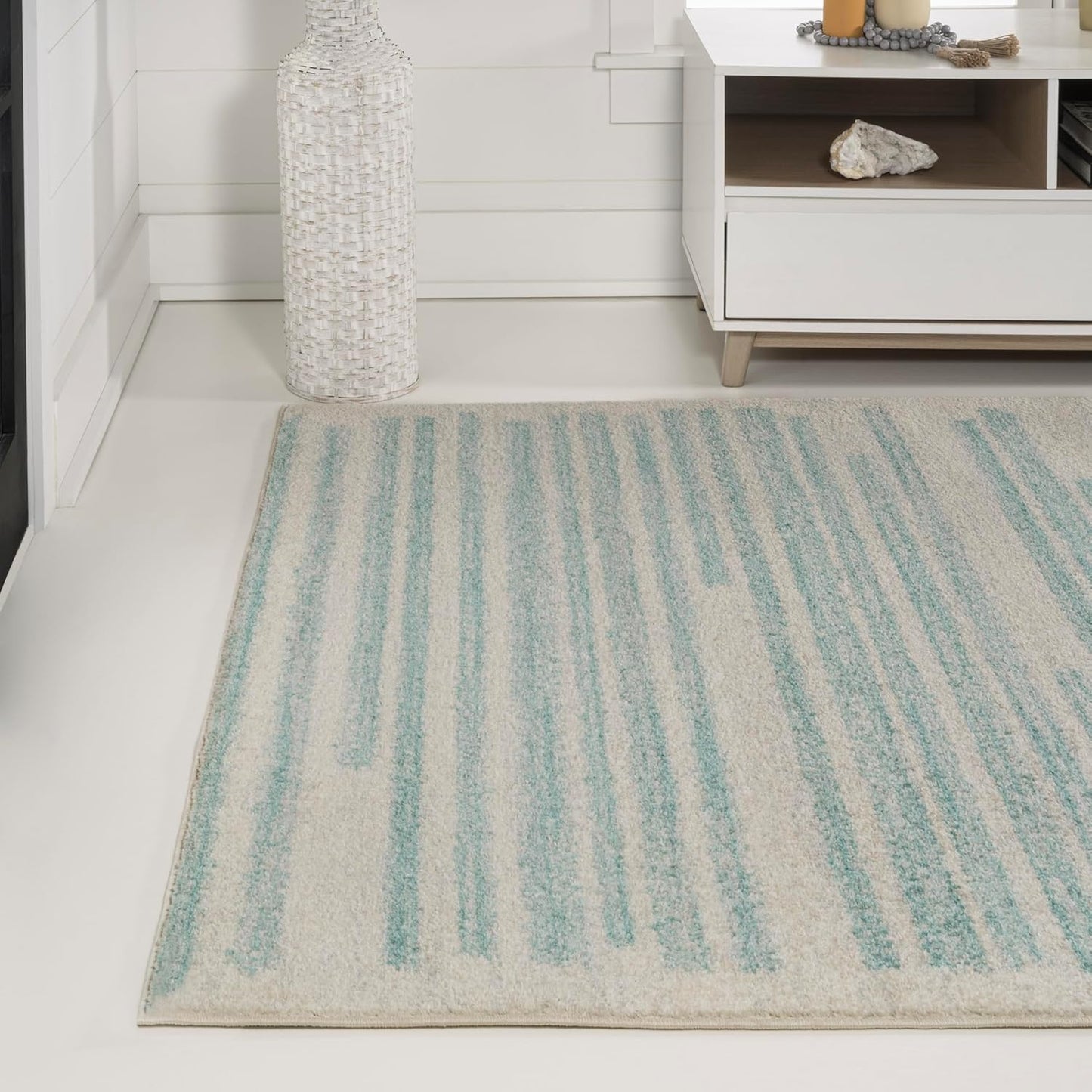 JONATHAN Y Khalil Modern Berber Stripe Cream/Turquoise Indoor Area Rug, 8x10, Contemporary, Bohemian, Easy-Cleaning for Living Room, Bedroom, Kitchen, Pet Friendly, Non-Shedding (MOH207B-8)