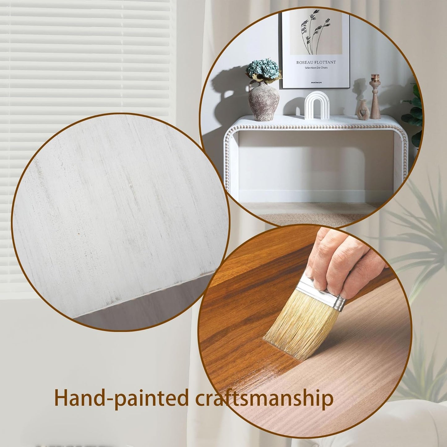 KEIKI Wood Console Table Behind Couch & Sofa, Retro Style with Curved Waterfall & Wood Beads Design, for Entryway, Living Room, Antique White